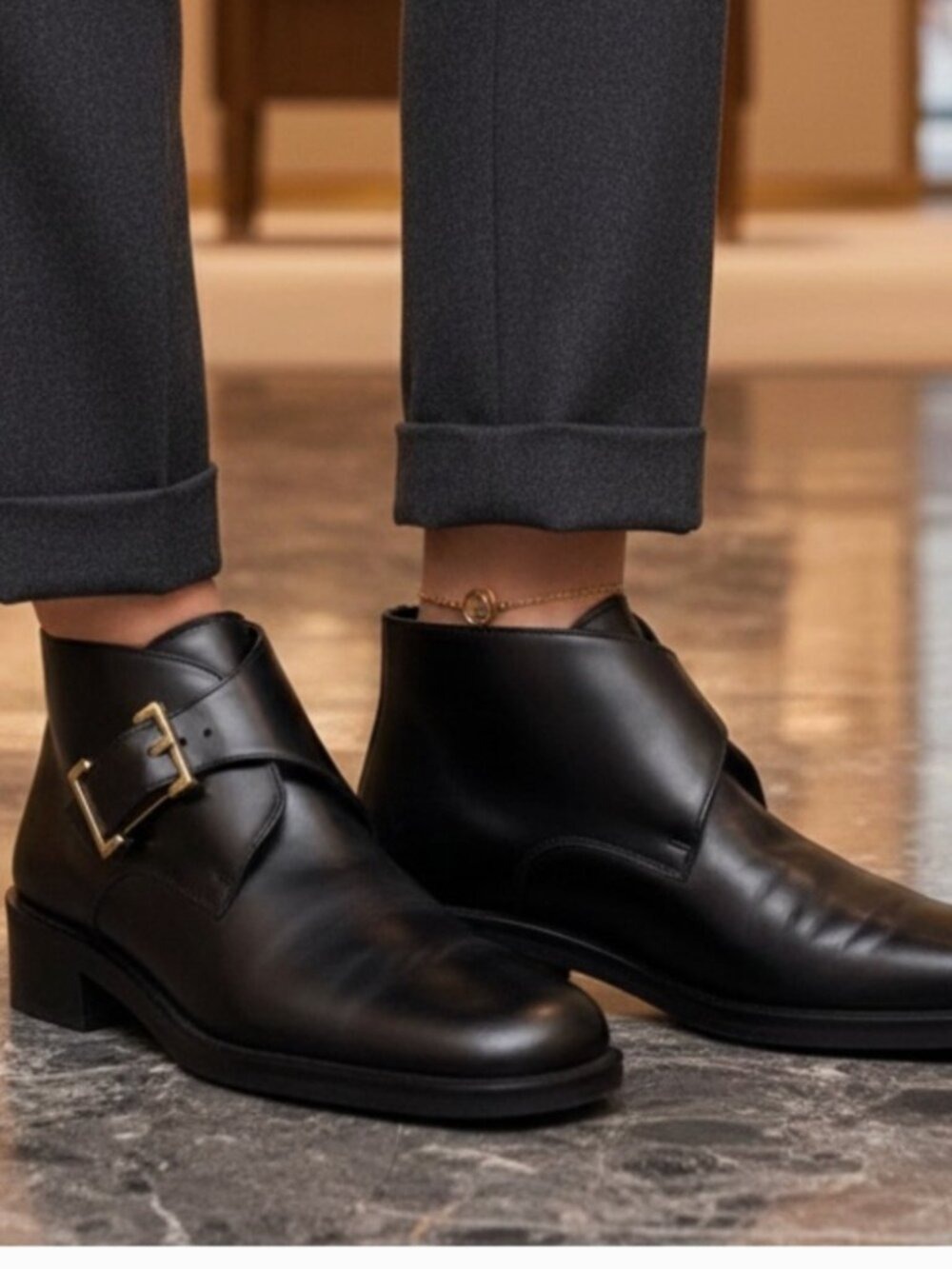 * Gucci Black Leather Monk Strap Flat Ankle Boots Size 35C/ US 5